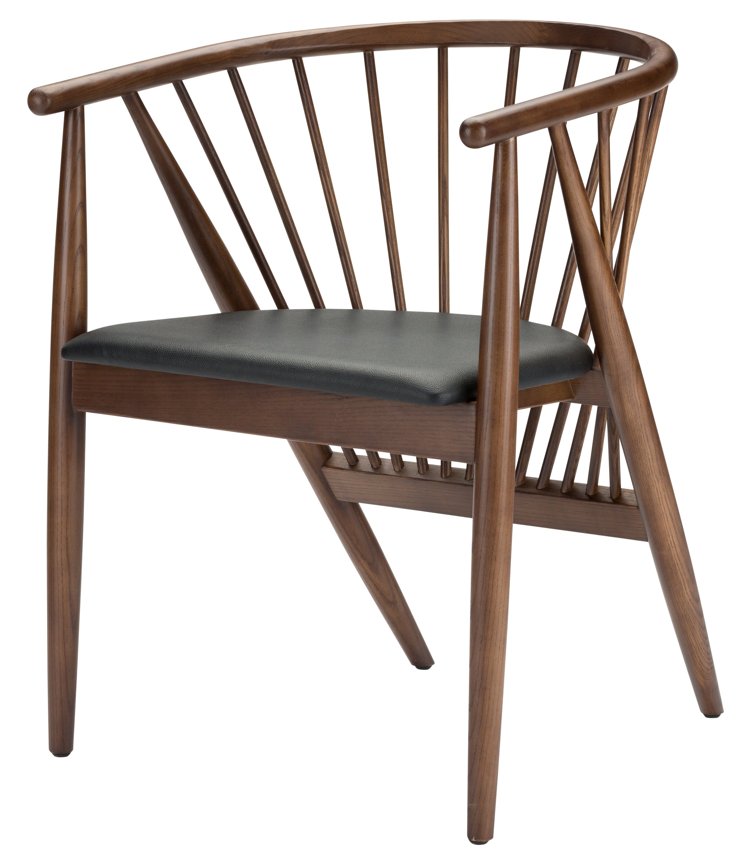 Danson Dining Chair featuring a black leather seat and walnut stained ash wood frame with a fanned back design.