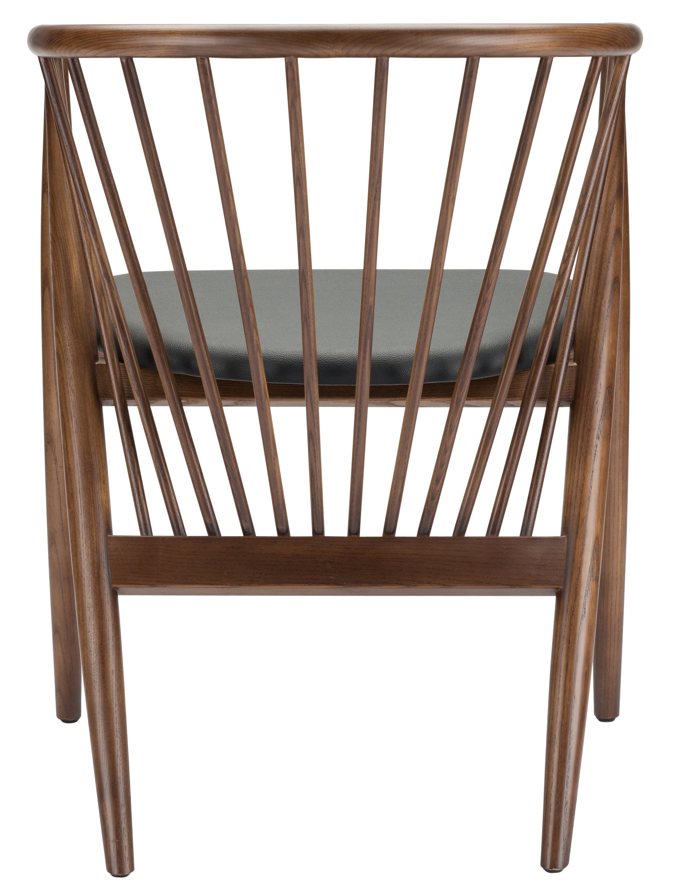 Danson Dining Chair featuring a black leather seat and walnut stained ash wood frame with a fanned back design.