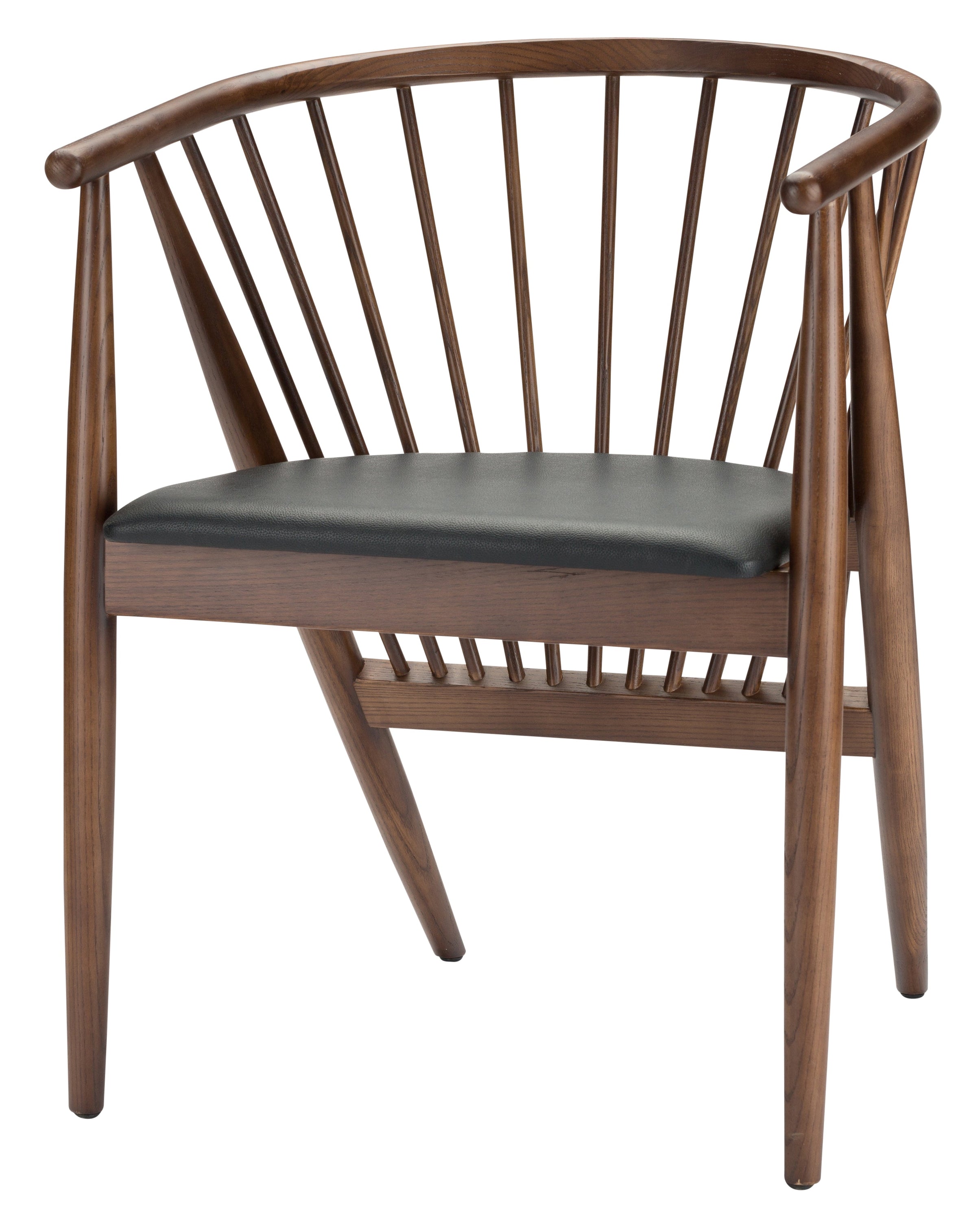 Danson Dining Chair featuring a black leather seat and walnut stained ash wood frame with a fanned back design.