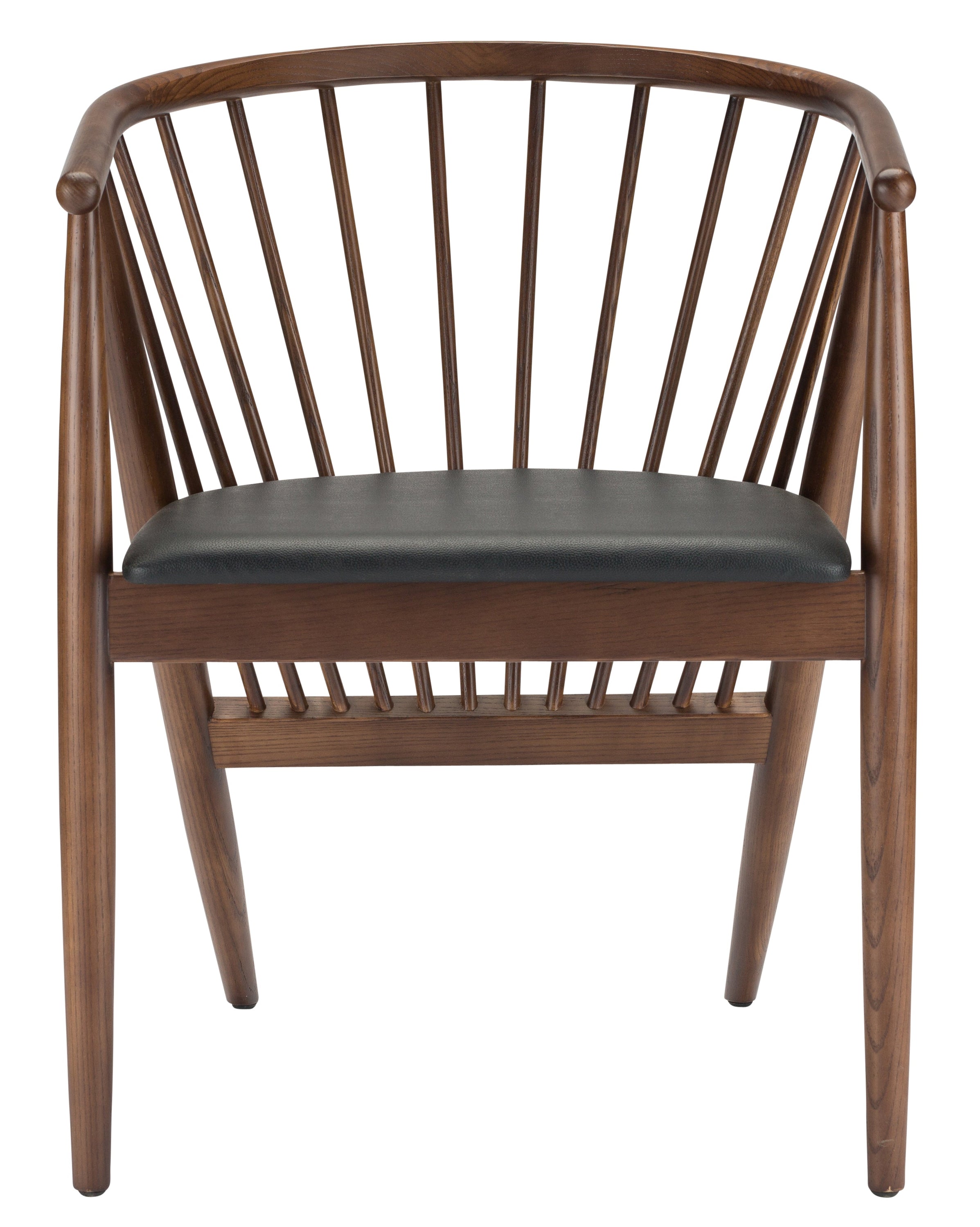 Danson Dining Chair featuring a black leather seat and walnut stained ash wood frame with a fanned back design.