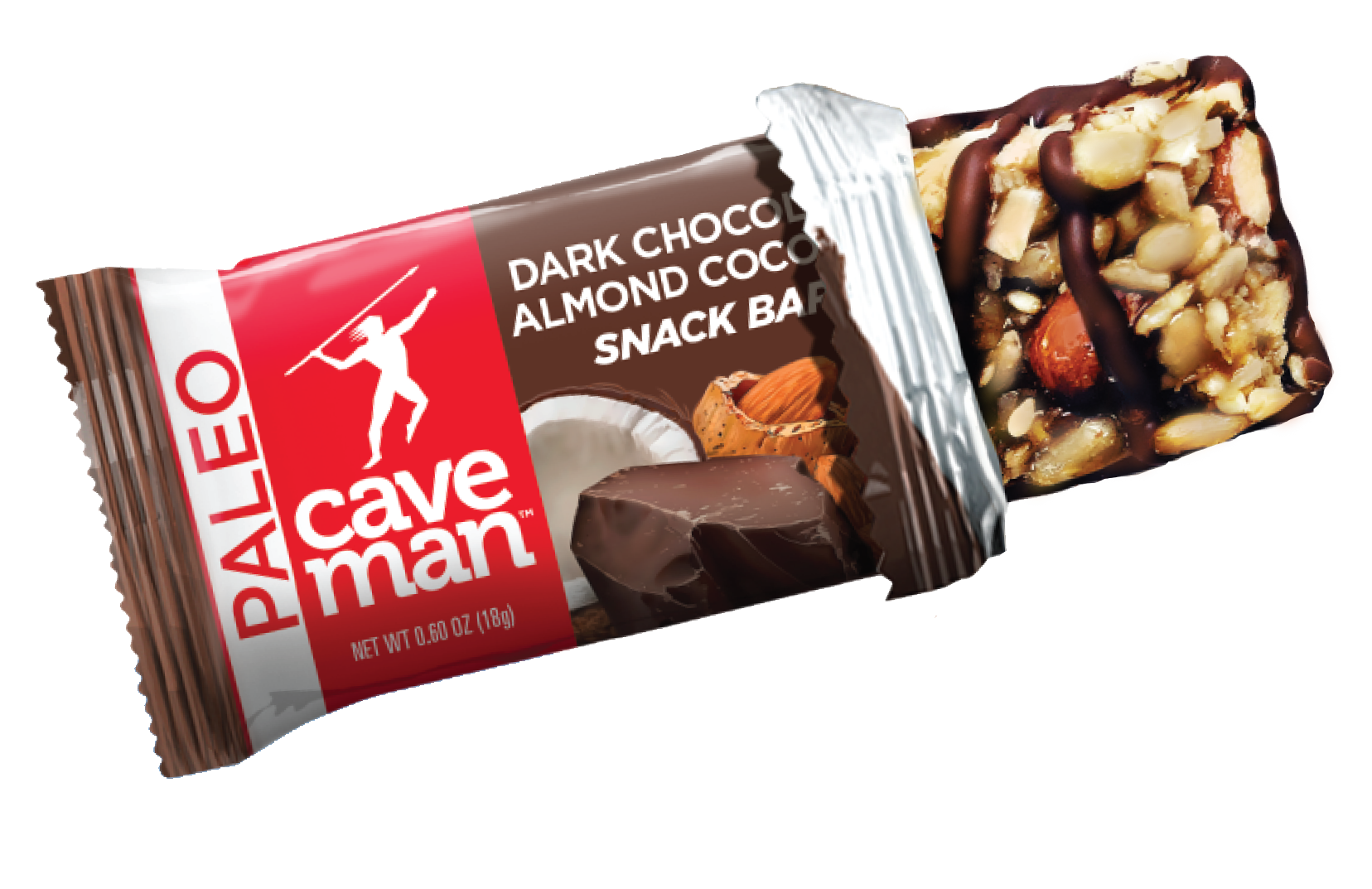 A box of Dark Chocolate Almond Coconut Nutrition Bar Minis showcasing the bars with dark chocolate coating, almonds, and coconut flakes.