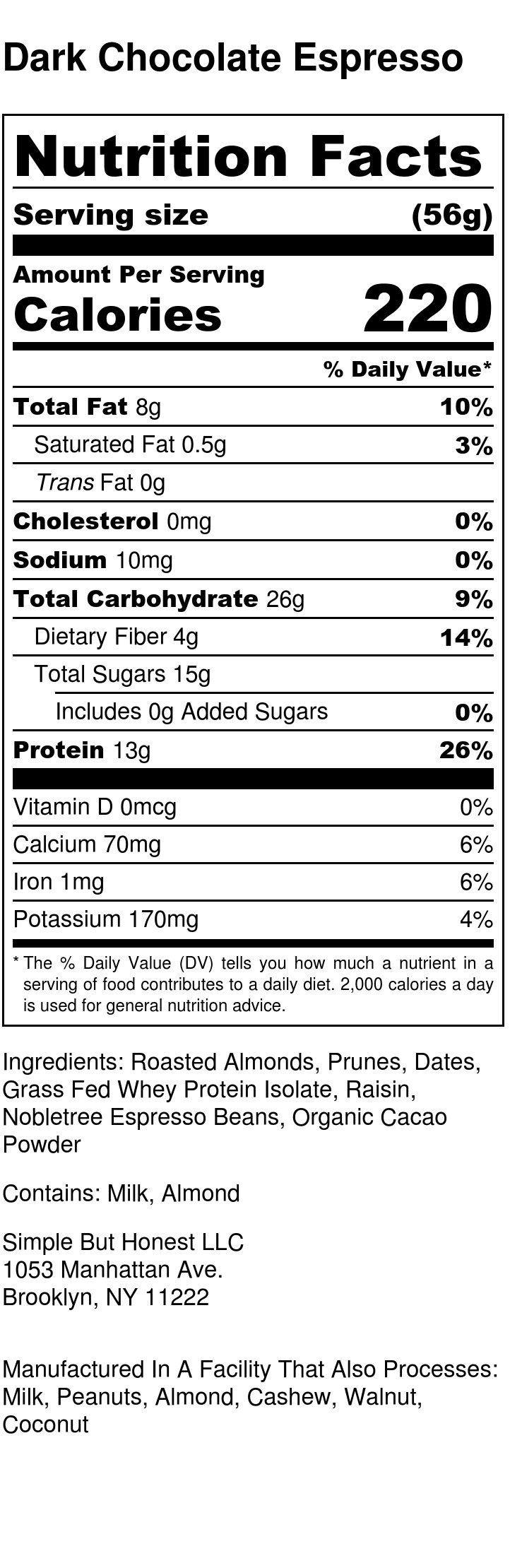 A box of Dark Chocolate Espresso protein bars featuring rich dark chocolate, roasted almonds, and espresso beans, perfect for a nutritious snack.