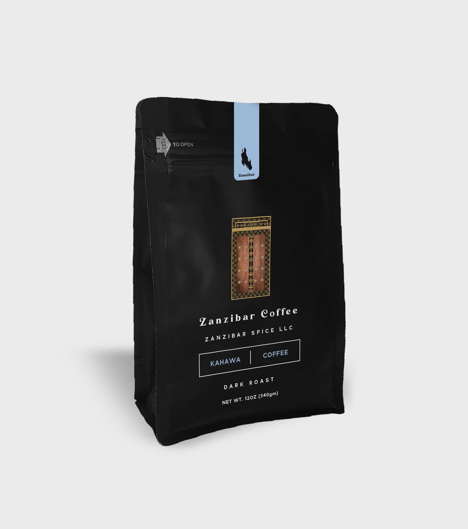 A 12oz resealable bag of Dark Roast Zanzibar coffee showcasing its rich, dark beans and elegant packaging.