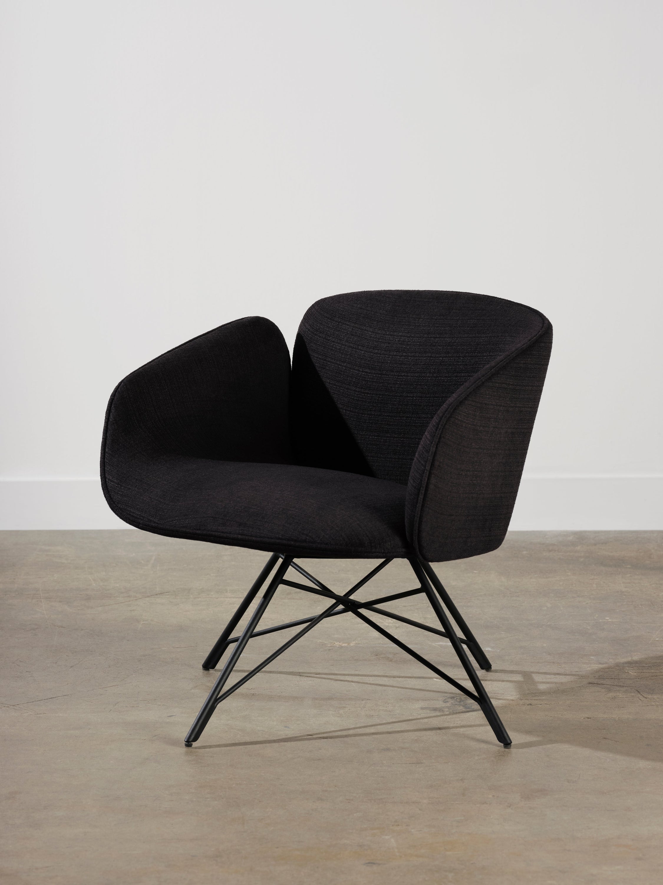 Doppio Occasional Chair in Black with arched design and matte black steel legs, showcasing its elegant silhouette.