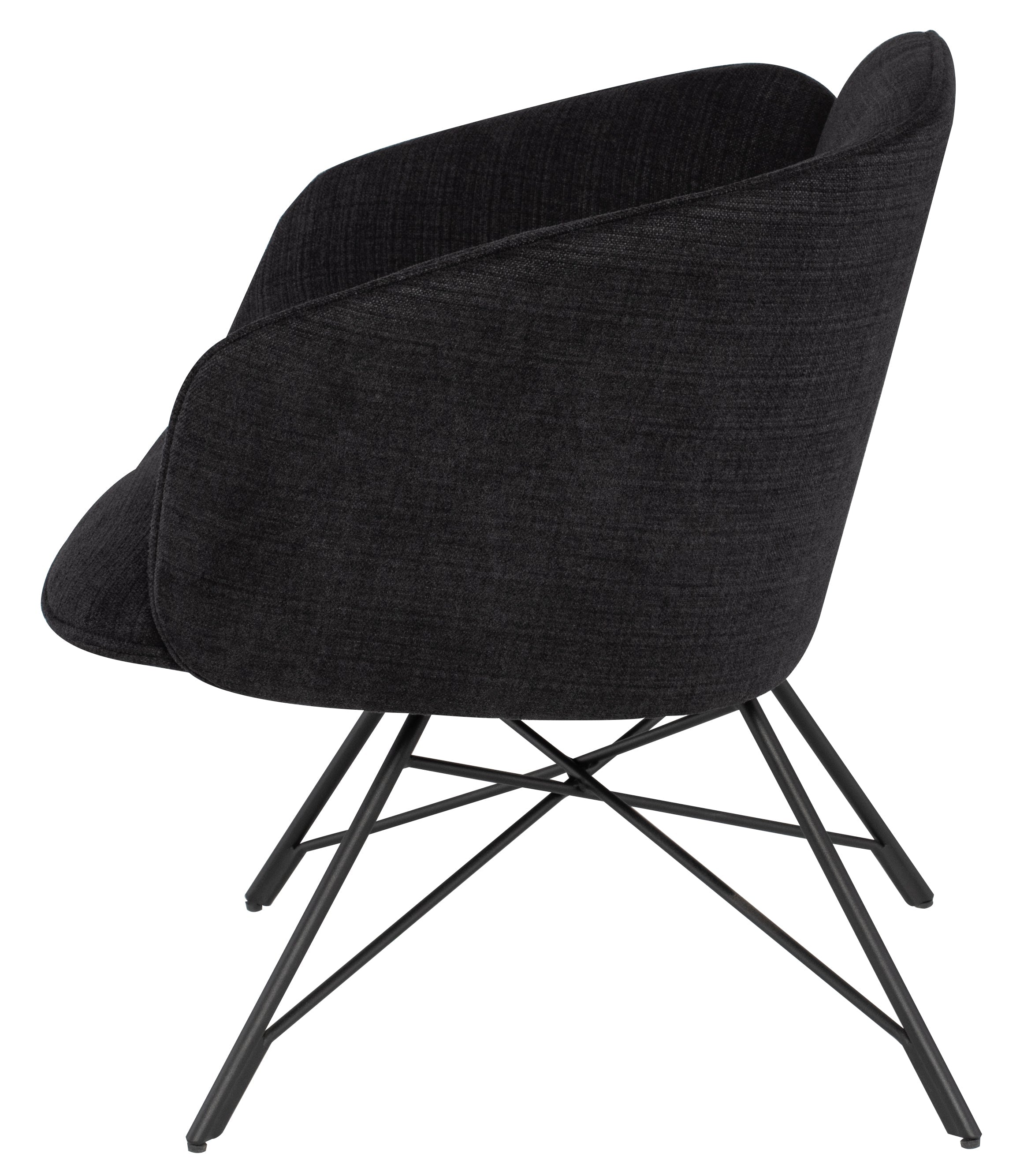 Doppio Occasional Chair in Black with arched design and matte black steel legs, showcasing its elegant silhouette.