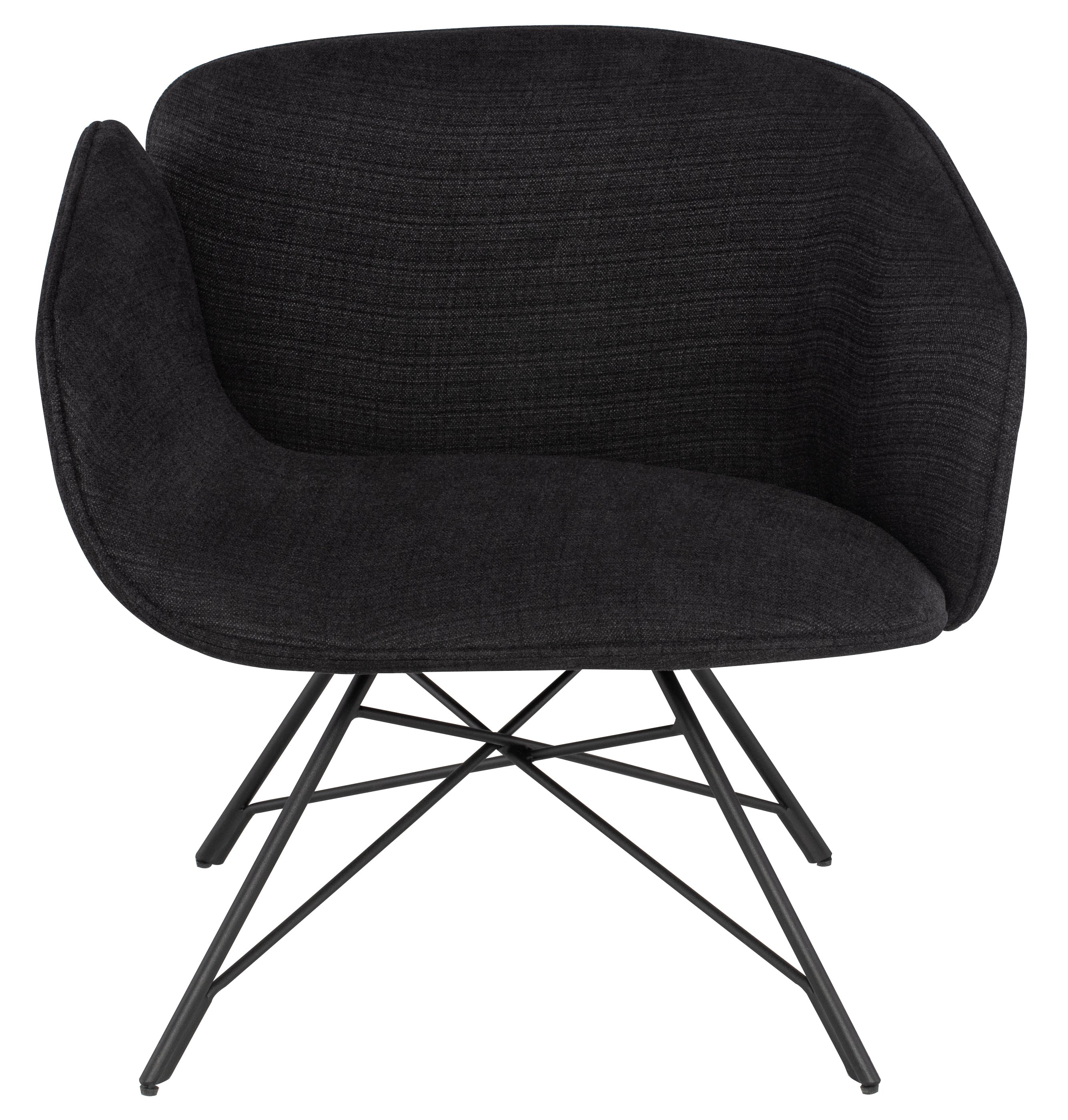 Doppio Occasional Chair in Black with arched design and matte black steel legs, showcasing its elegant silhouette.