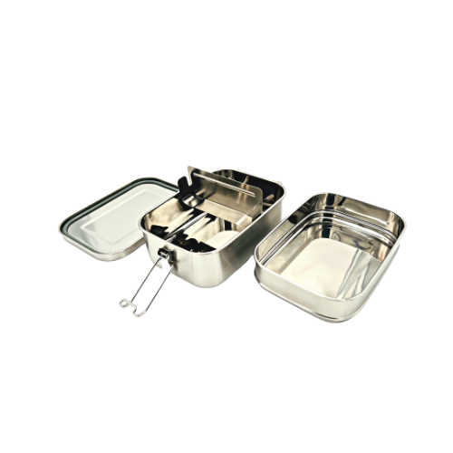 Double Layer Bento Box made of stainless steel with two stackable trays and a flexible divider, designed for eco-friendly meal storage.