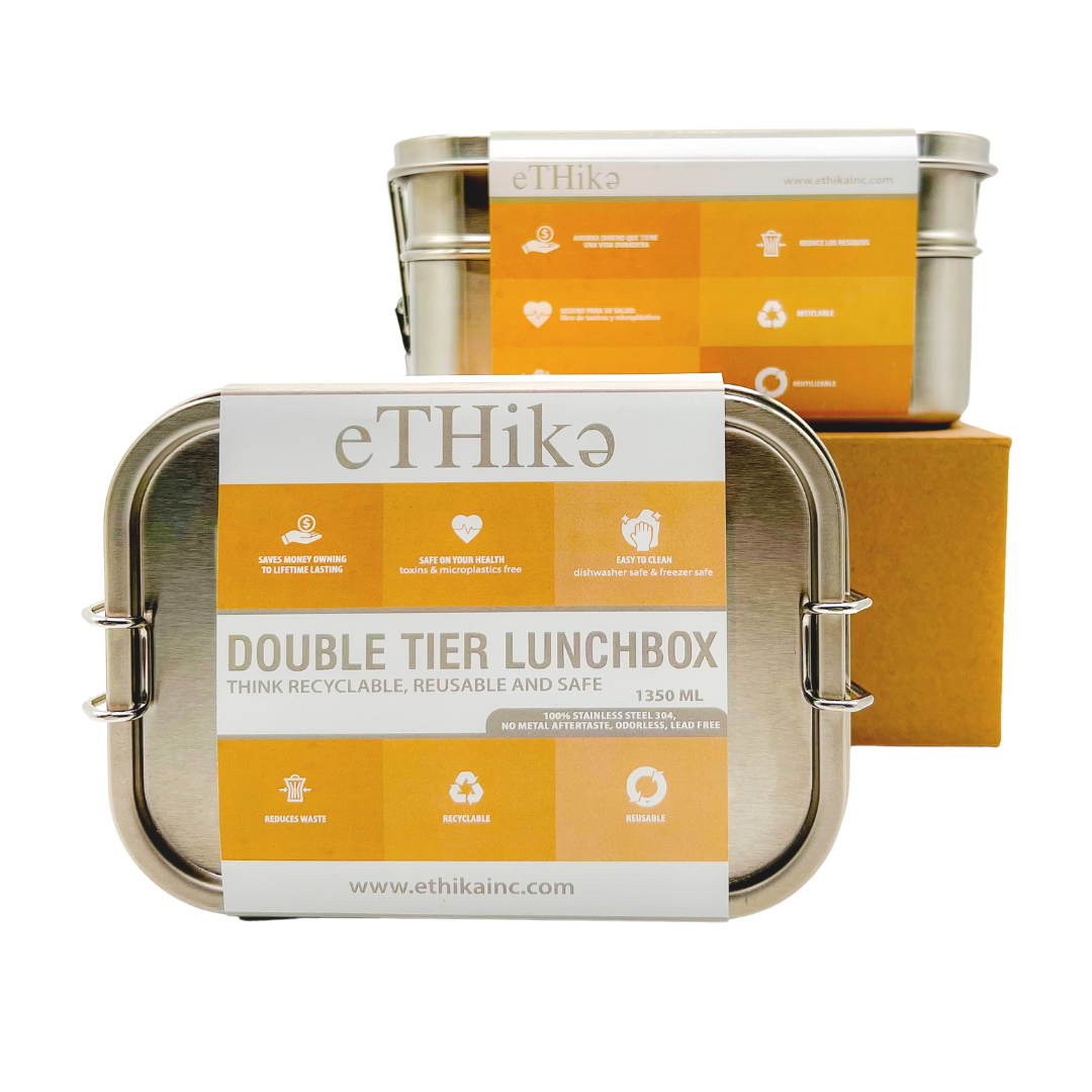 Double Layer Bento Box made of stainless steel with two stackable trays and a flexible divider, designed for eco-friendly meal storage.