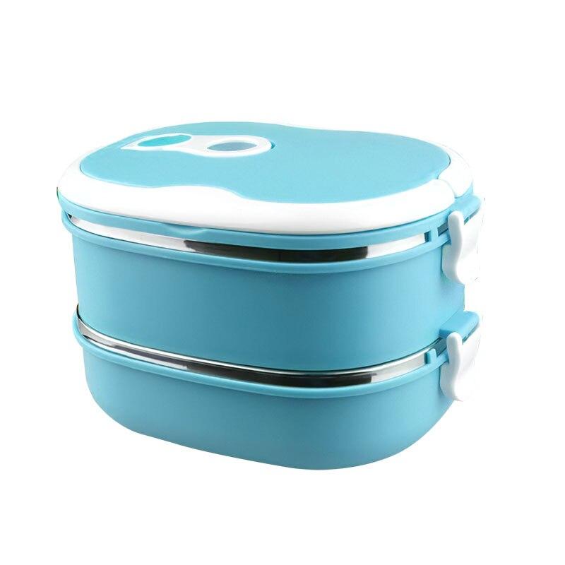 Double-layer leak-proof lunch box made of stainless steel, featuring a portable design and vibrant colors, ideal for food storage.