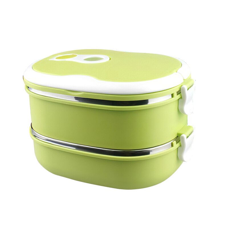 Double-layer leak-proof lunch box made of stainless steel, featuring a portable design and vibrant colors, ideal for food storage.