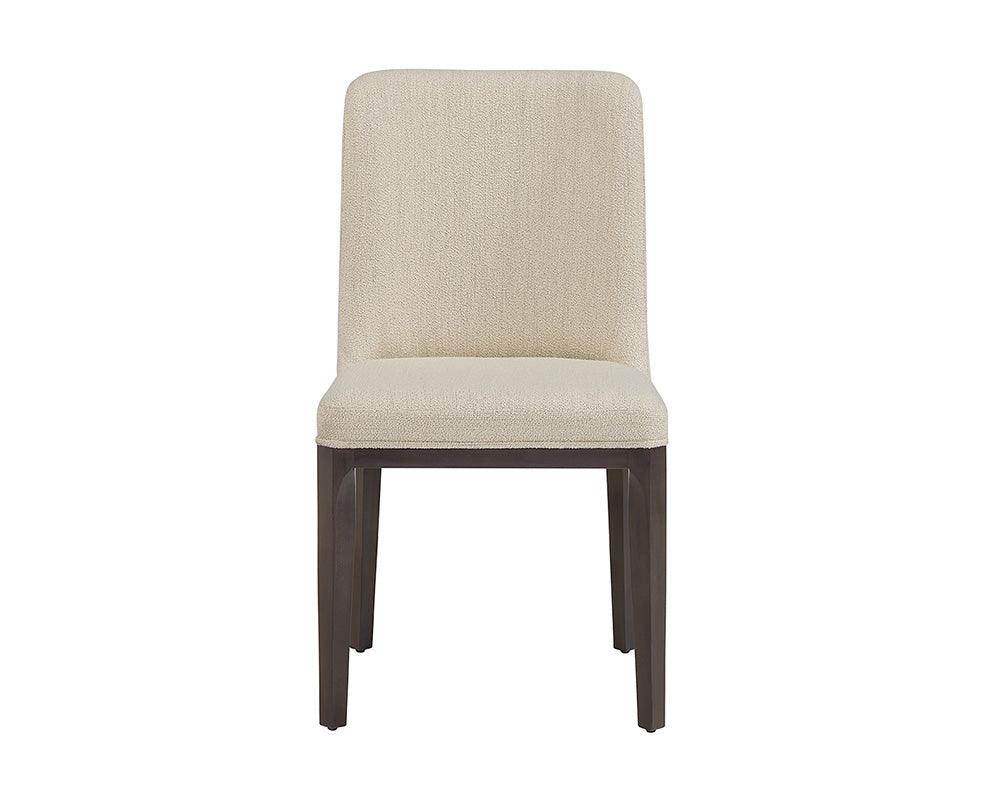 Elisa Dining Chair featuring Grey Oak finish and Dazzle Cream fabric, showcasing its elegant design and solid wood legs.
