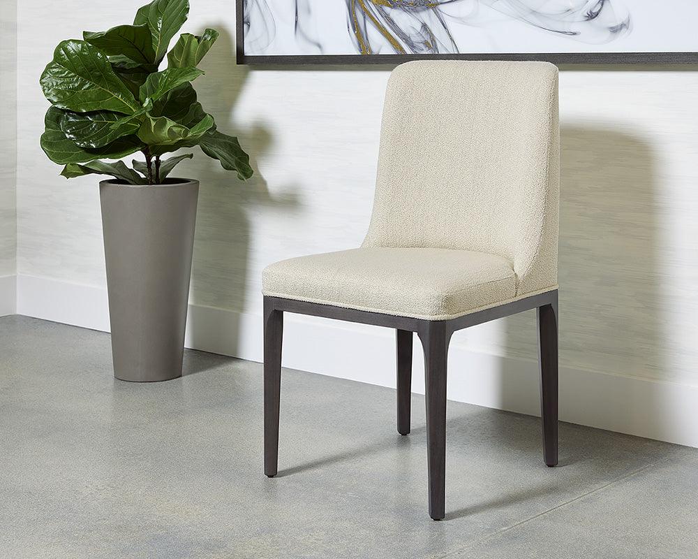 Elisa Dining Chair featuring Grey Oak finish and Dazzle Cream fabric, showcasing its elegant design and solid wood legs.