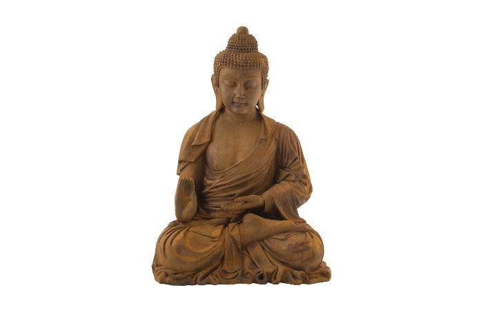 Enchanting Rust Buddha Sculpture made of resin with intricate details and a rich patina, showcasing an antique appearance.