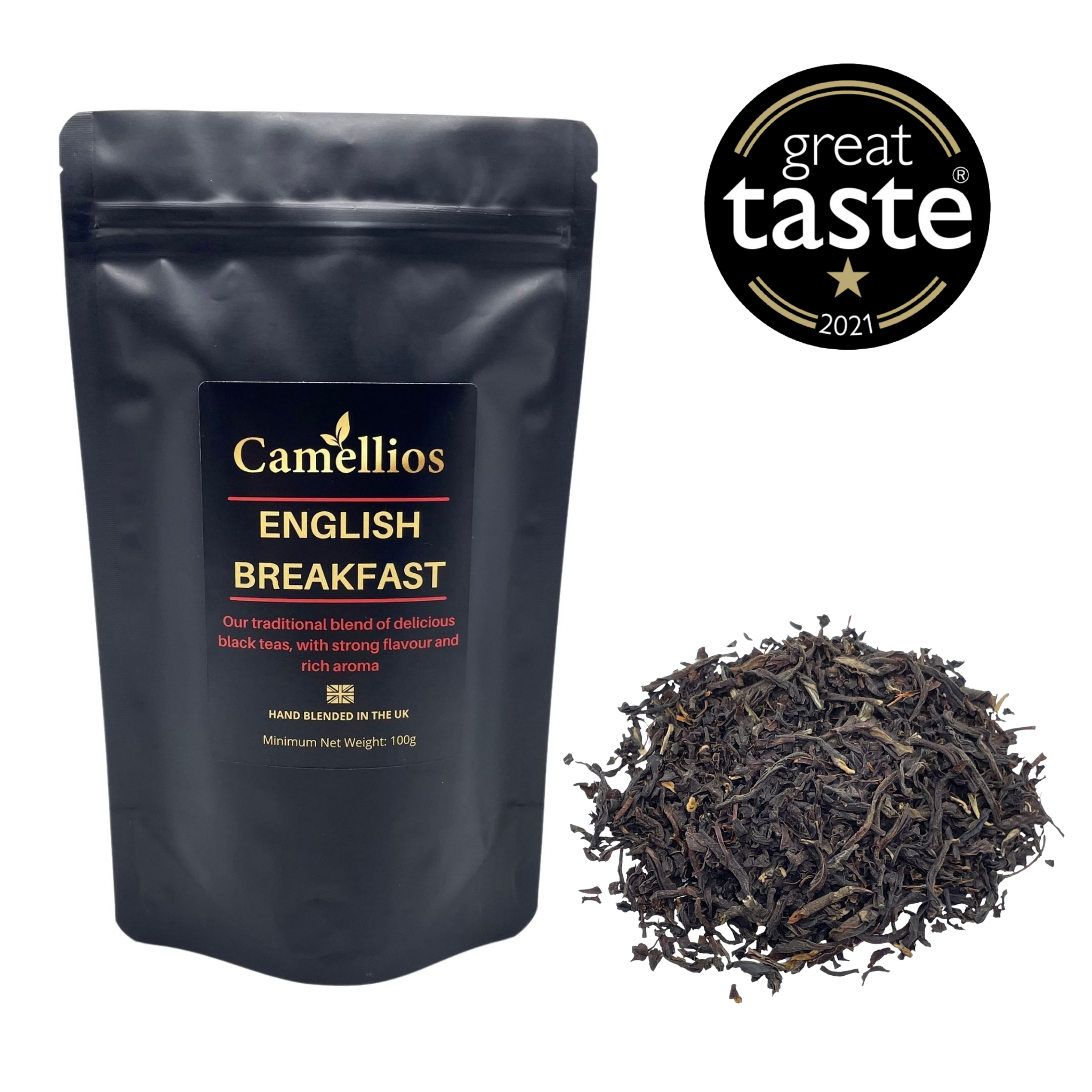 A close-up of English Breakfast Loose Leaf tea, showcasing the rich black tea leaves blended from various regions.
