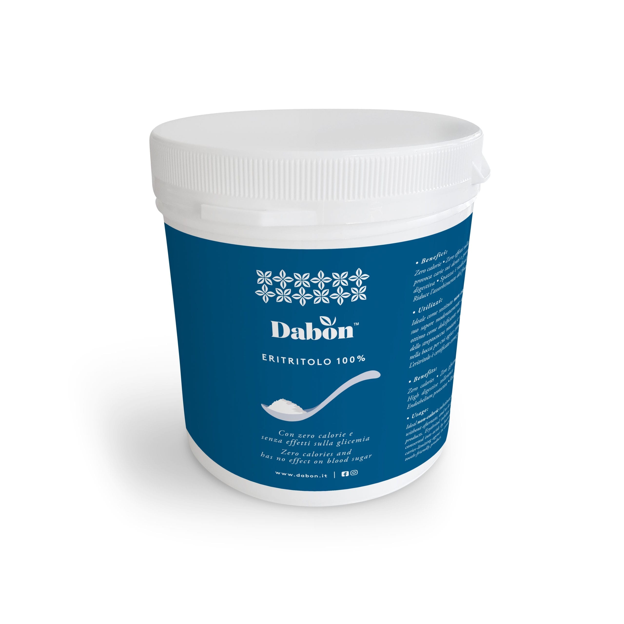 Eritritolo in polvere in un sacchetto da 500 grammi, dolcificante naturale senza calorie.