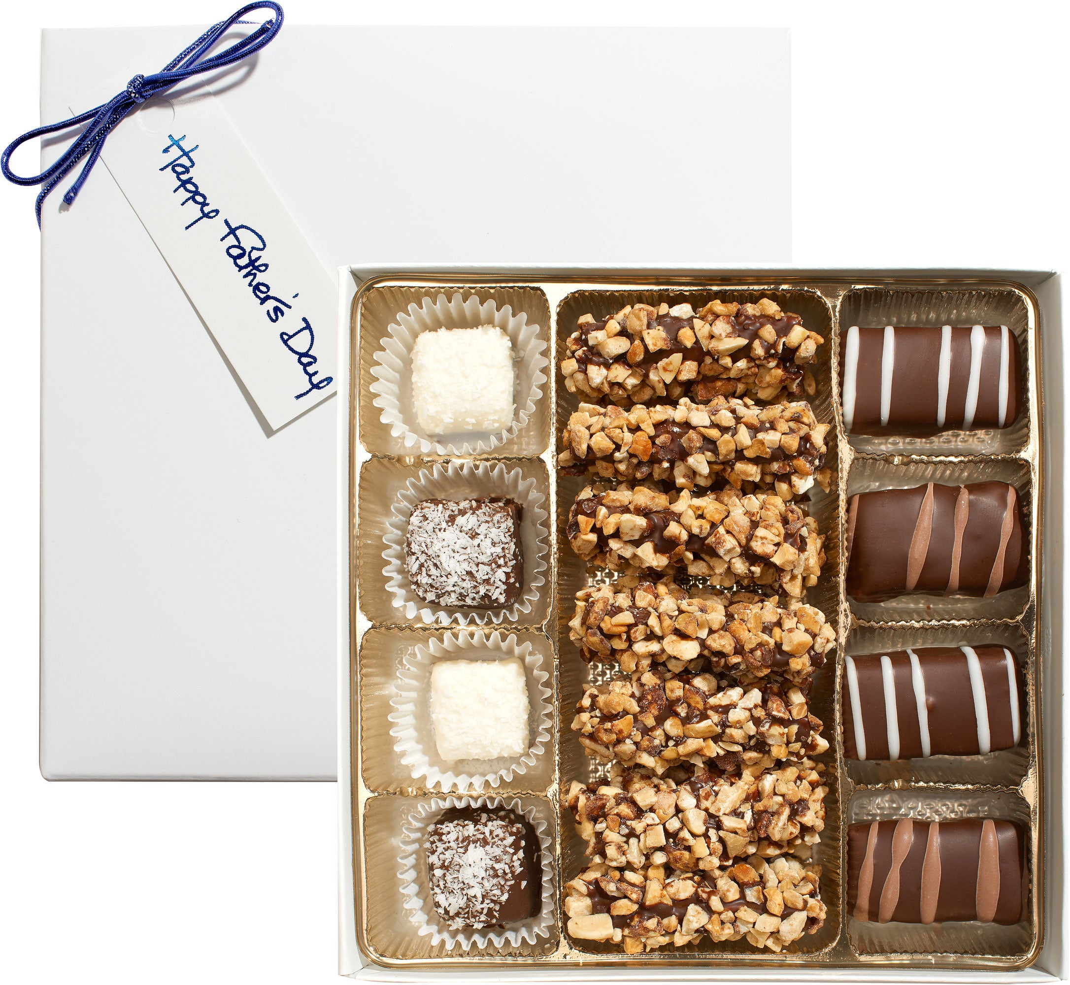 Fames Chocolates Viennese Gift Box featuring assorted dairy-free chocolates with a Father's Day ribbon.