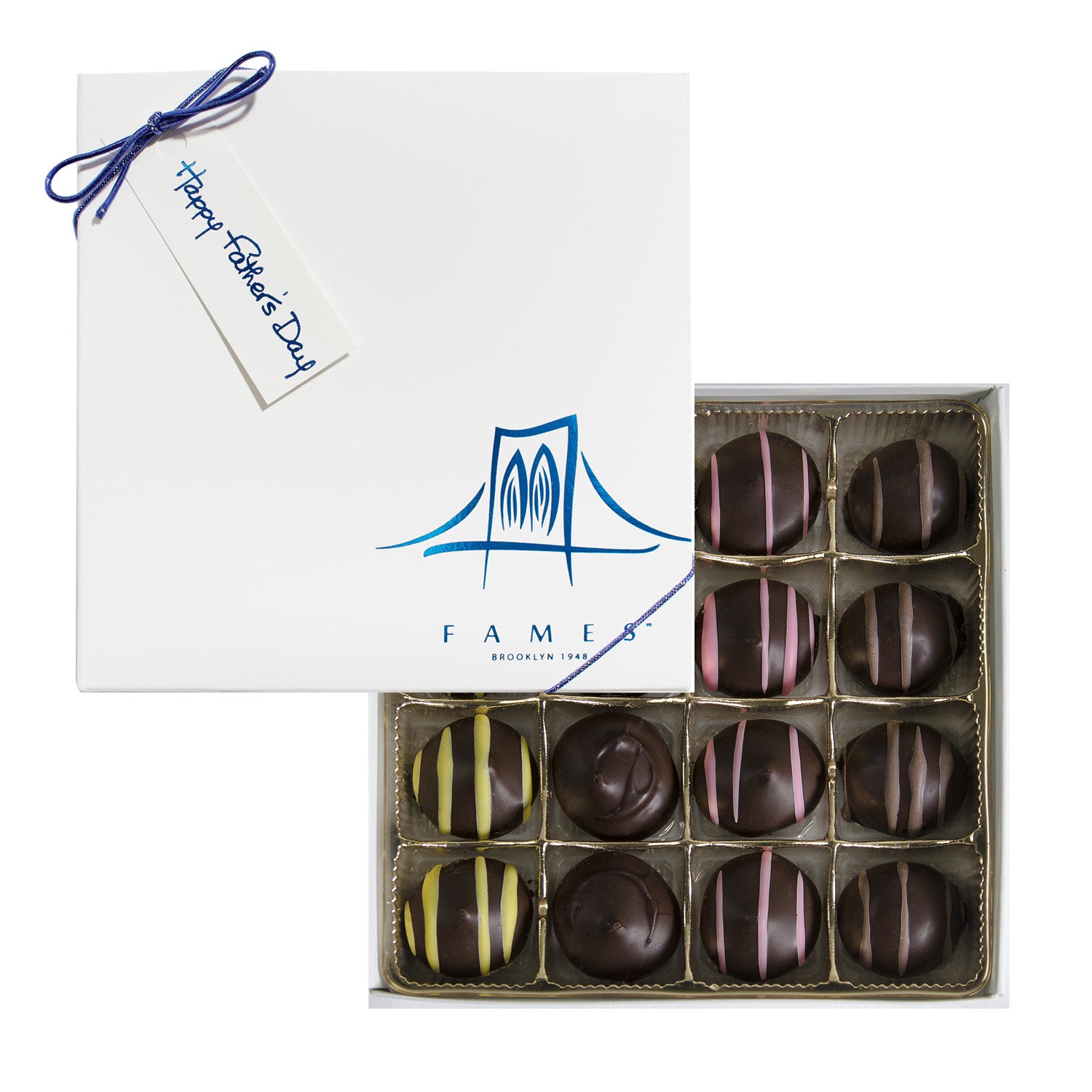 Father's Day chocolate gift box featuring assorted flavors like coffee cream, super berry, and marzipan, elegantly packaged with a festive ribbon.