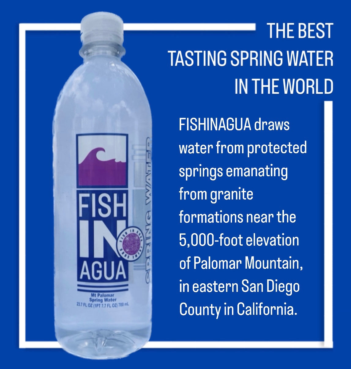 A 23.7 FL OZ bottle of FISHINAGUA Bottled Natural Spring Water from Mt. Palomar, showcasing its clear liquid and sleek design.