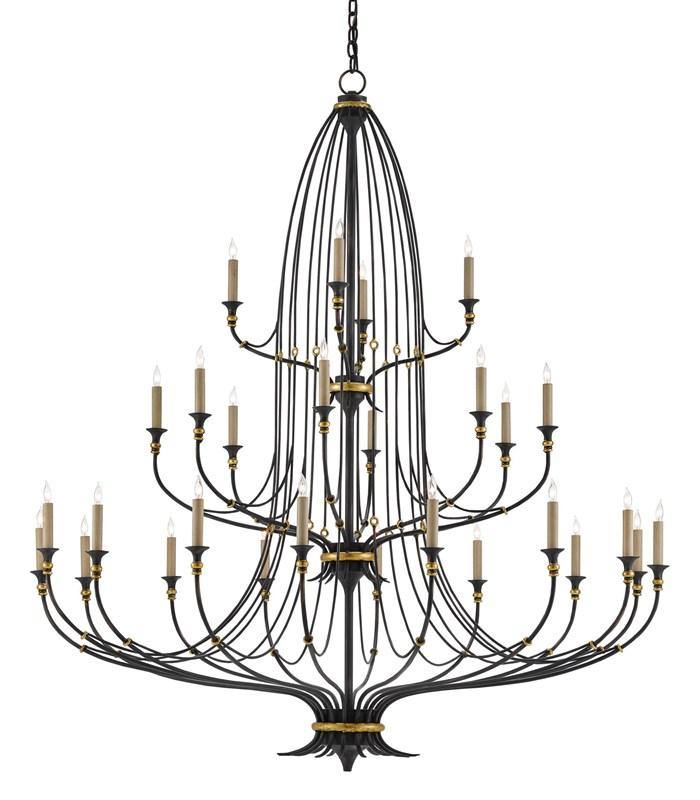 The Folgate Grande Chandelier featuring 28 lights, wrought iron construction in French black finish with gold leaf accents.