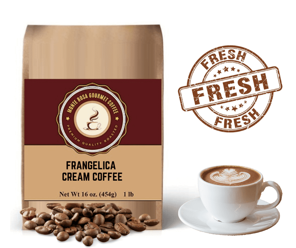 A cup of Frangelica Cream flavored coffee with hazelnuts and vanilla beans, showcasing its rich aroma and inviting color.