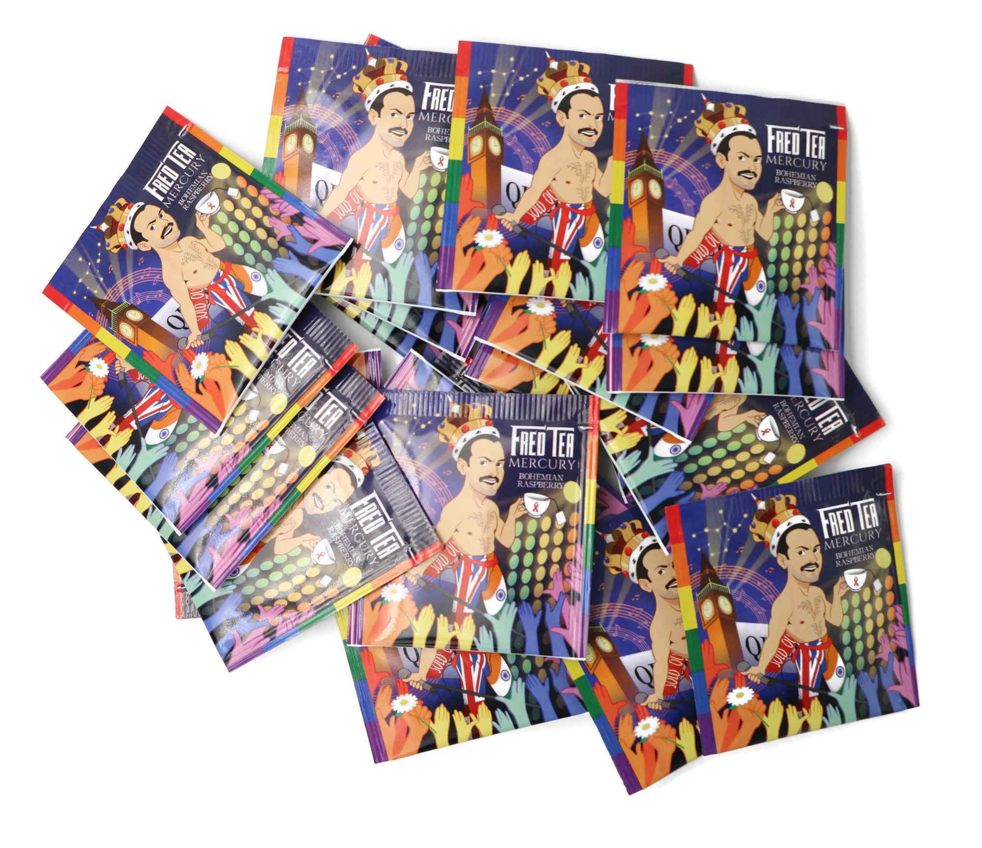 Fred TEA Mercury Bohemian Raspberry tea pack featuring vibrant artwork inspired by Freddie Mercury, showcasing musical elements and colorful design.