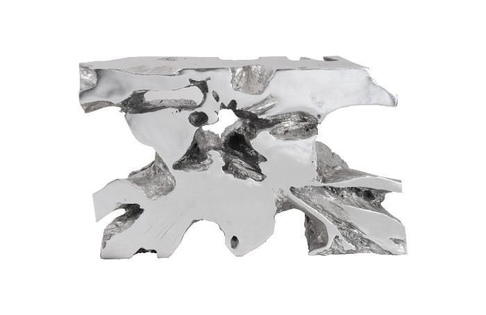 Freeform Venice Silver Console Table with a luminous silver leaf finish, showcasing a unique tree-trunk design, perfect for modern interiors.