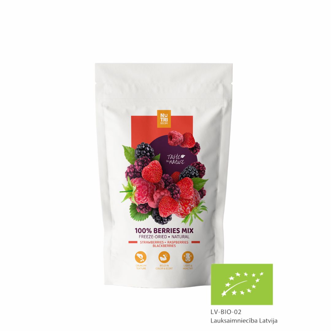 A vibrant mix of freeze dried organic strawberries, blackberries, and raspberries in a clear package, showcasing their rich colors and textures.