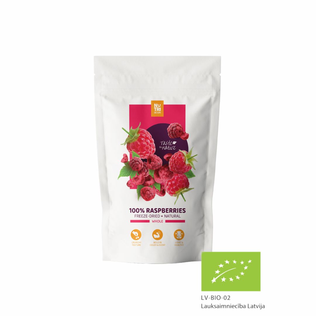 A bowl of vibrant freeze dried BIO raspberries, showcasing their rich color and texture, perfect for snacking or adding to meals.