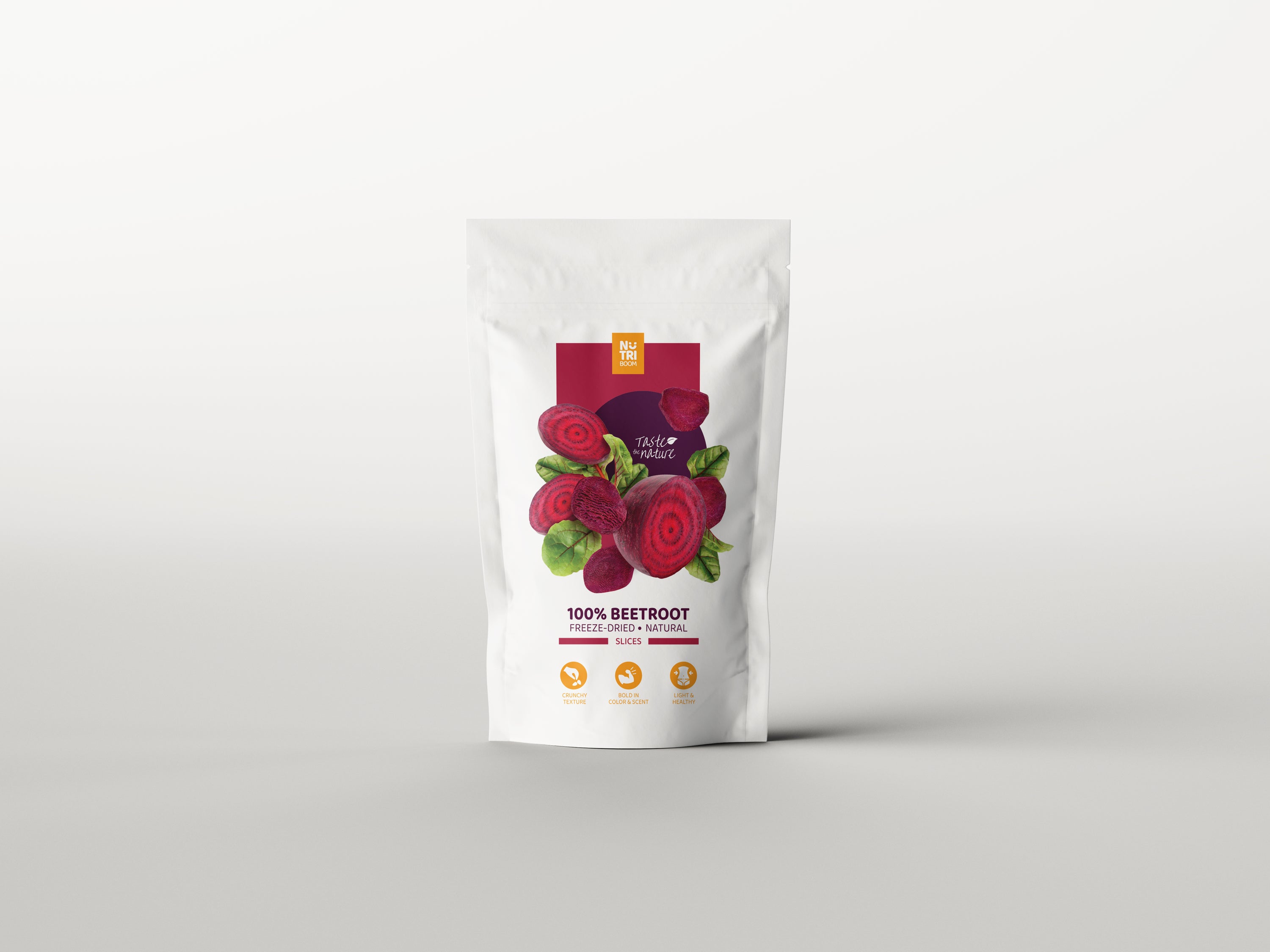NutriBoom Freeze-dried Beetroots in a clear package, showcasing vibrant red color and natural texture.