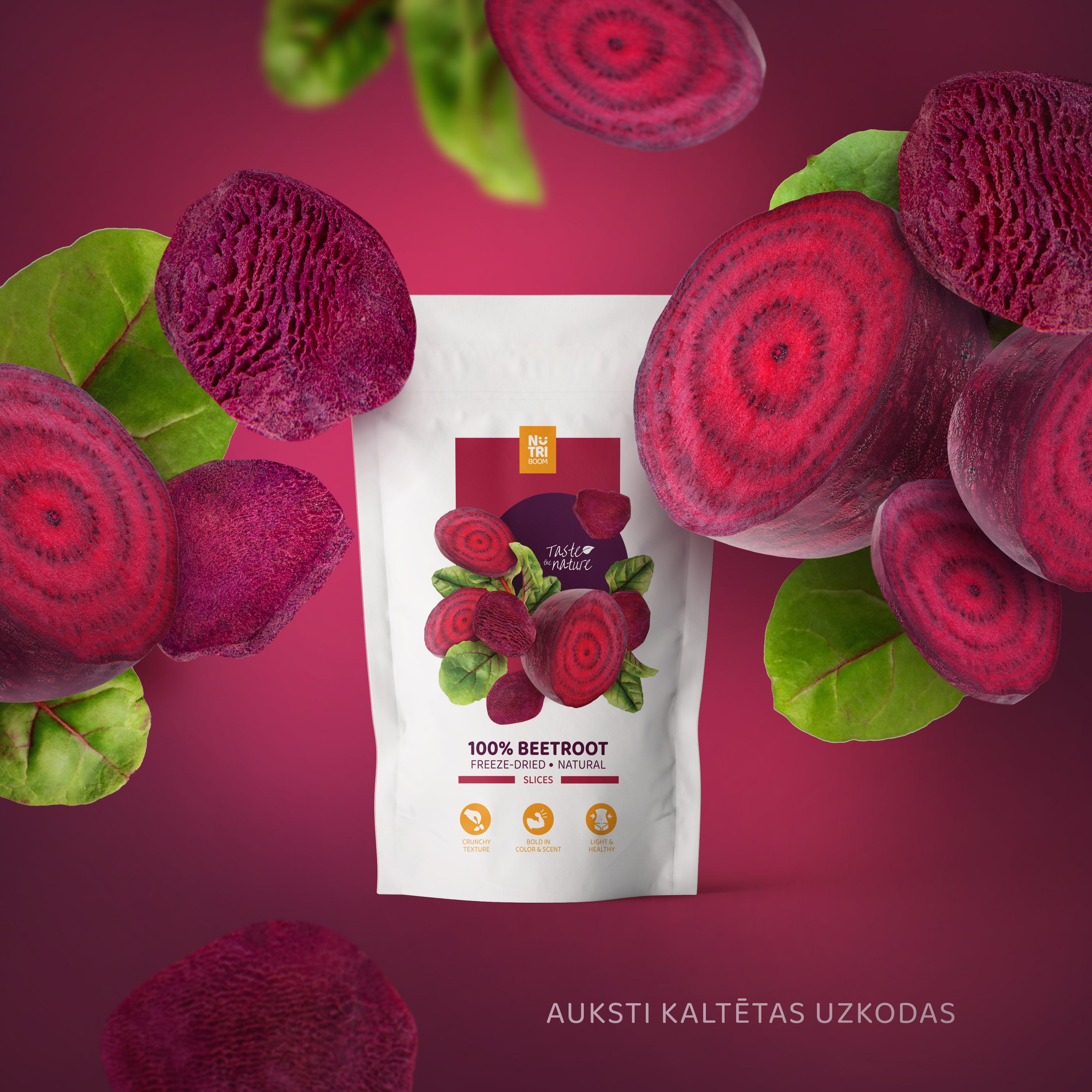 NutriBoom Freeze-dried Beetroots in a clear package, showcasing vibrant red color and natural texture.