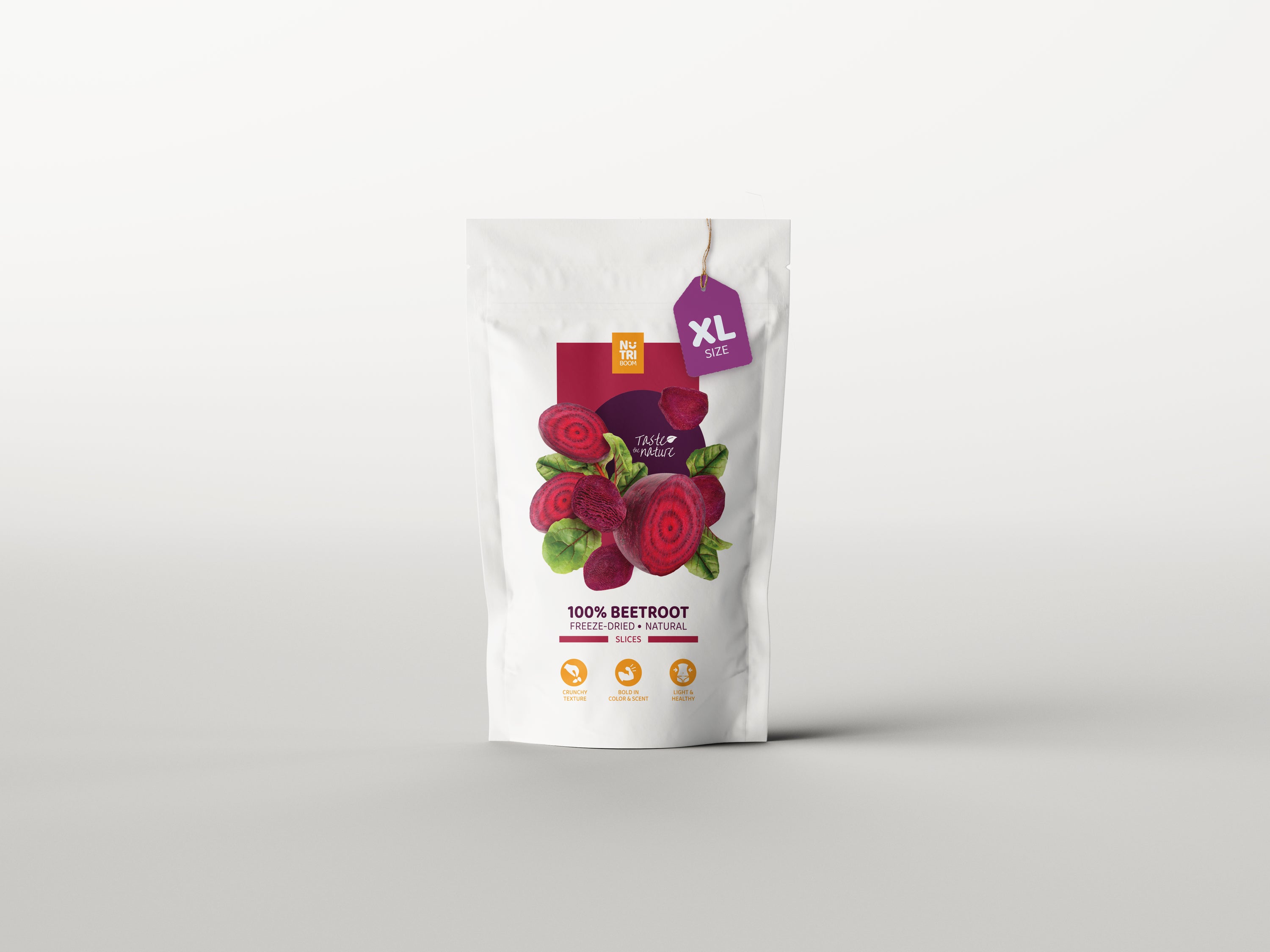NutriBoom Freeze-dried Beetroots in a clear package, showcasing vibrant red color and natural texture.