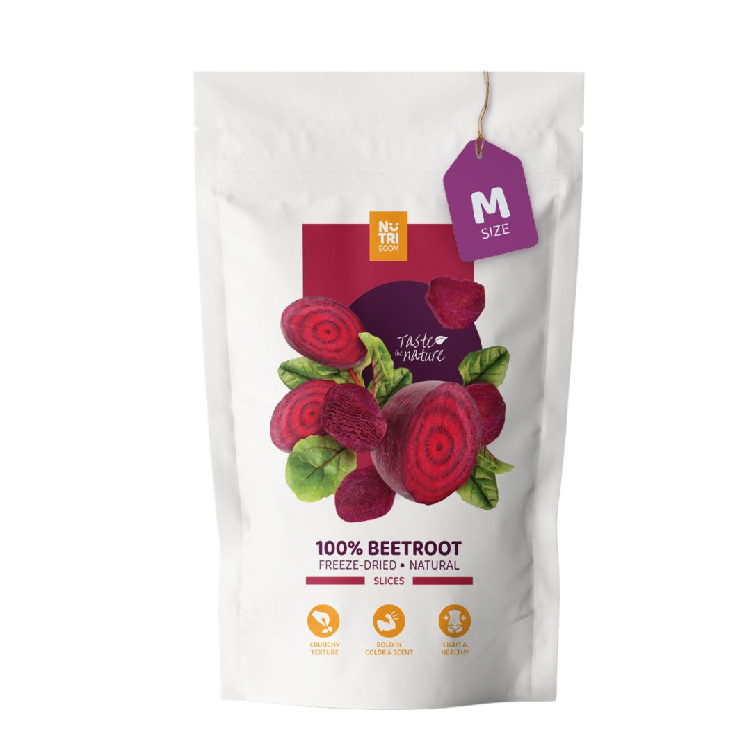 NutriBoom Freeze-dried Beetroots in a clear package, showcasing vibrant red color and natural texture.