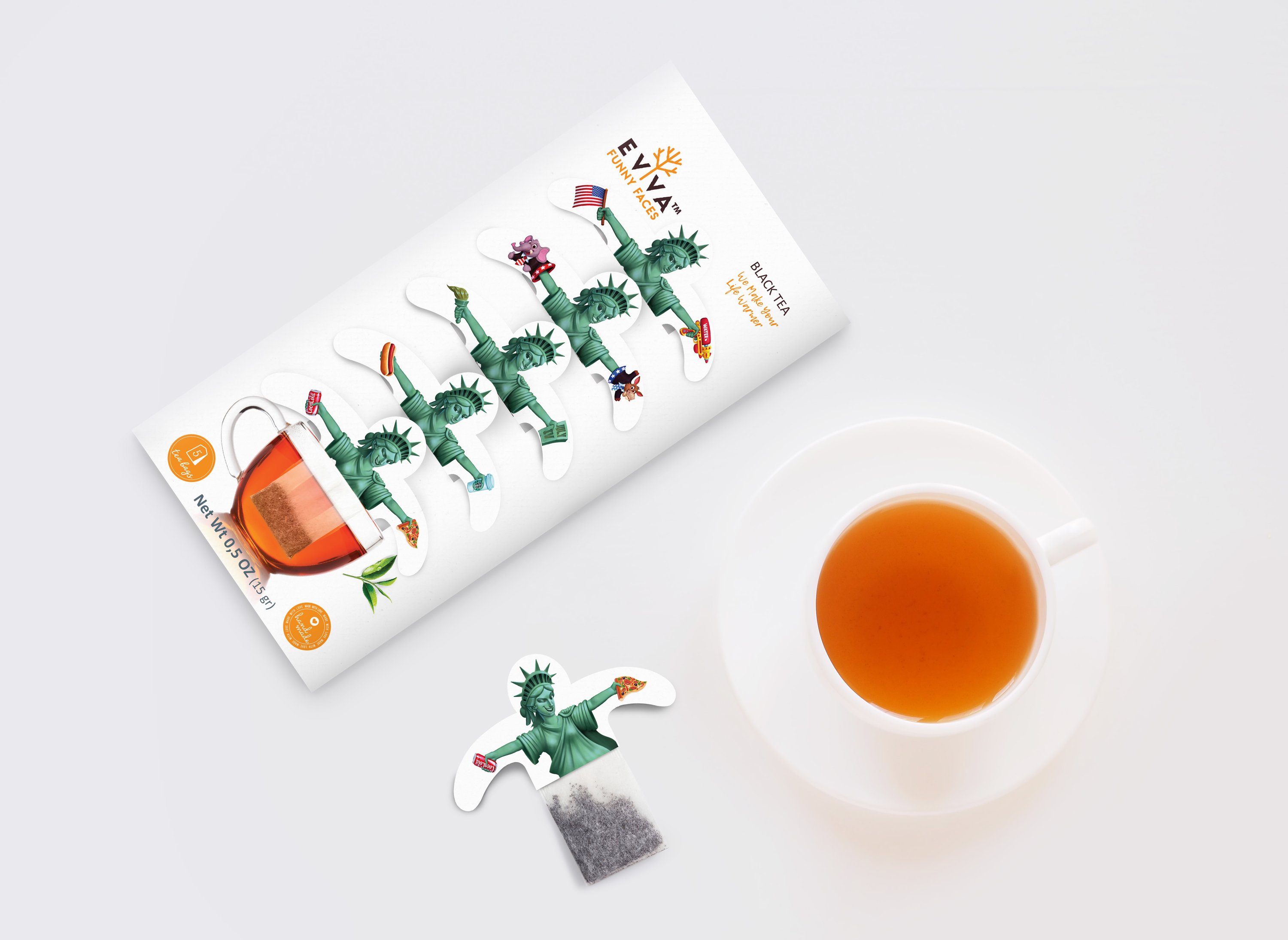 A whimsical tea sachet featuring a caricature of the Statue of Liberty, designed to rest on the lip of a cup, showcasing the fun aspect of Evva Funny Faces Tea.
