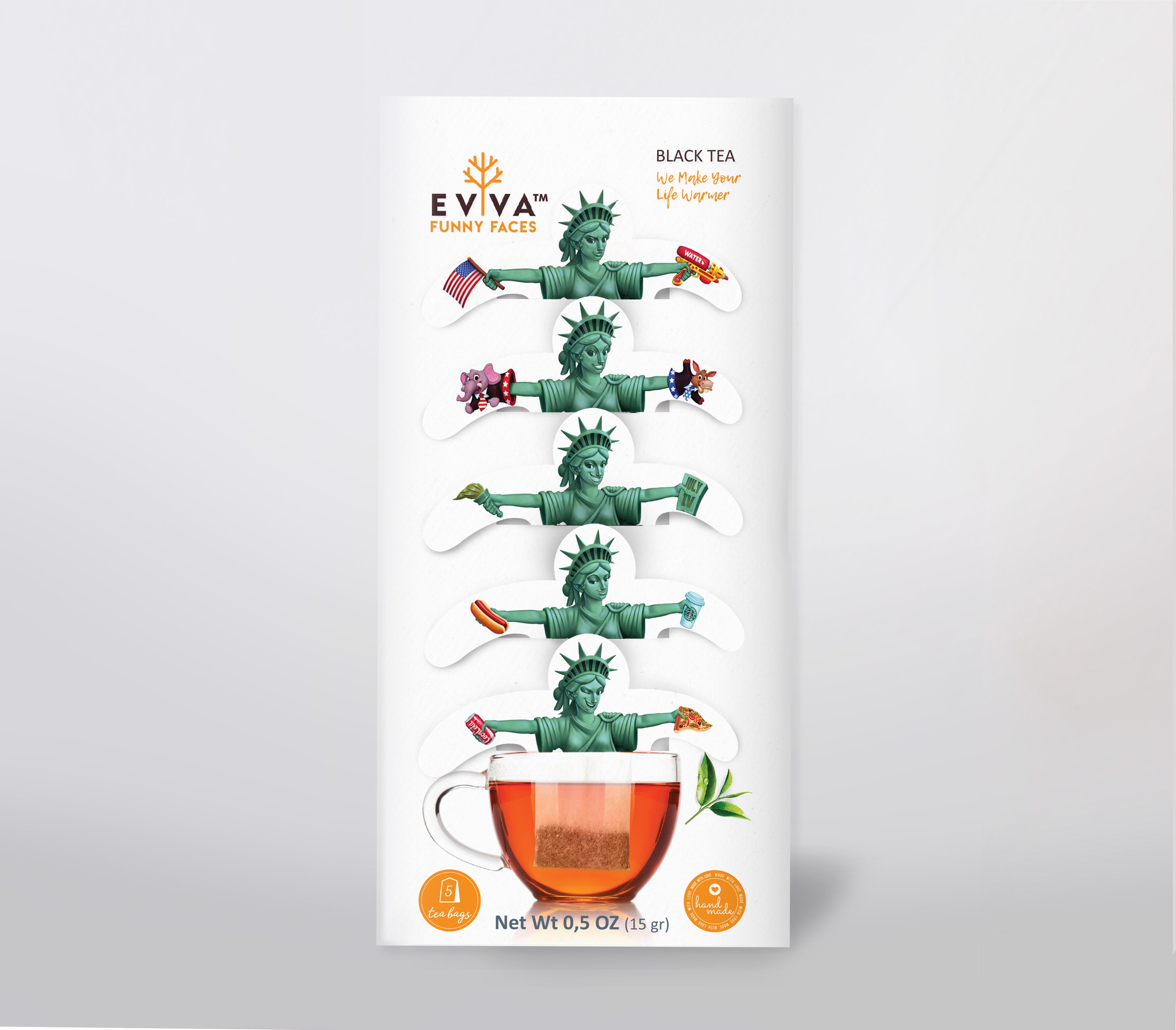 A whimsical tea sachet featuring a caricature of the Statue of Liberty, designed to rest on the lip of a cup, showcasing the fun aspect of Evva Funny Faces Tea.