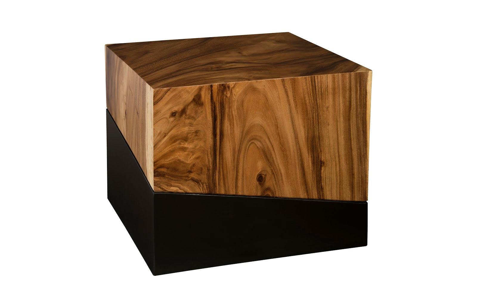 Geometry Large Natural Side Table made of Chamcha wood with a sleek black and natural finish, showcasing unique wood grain patterns.