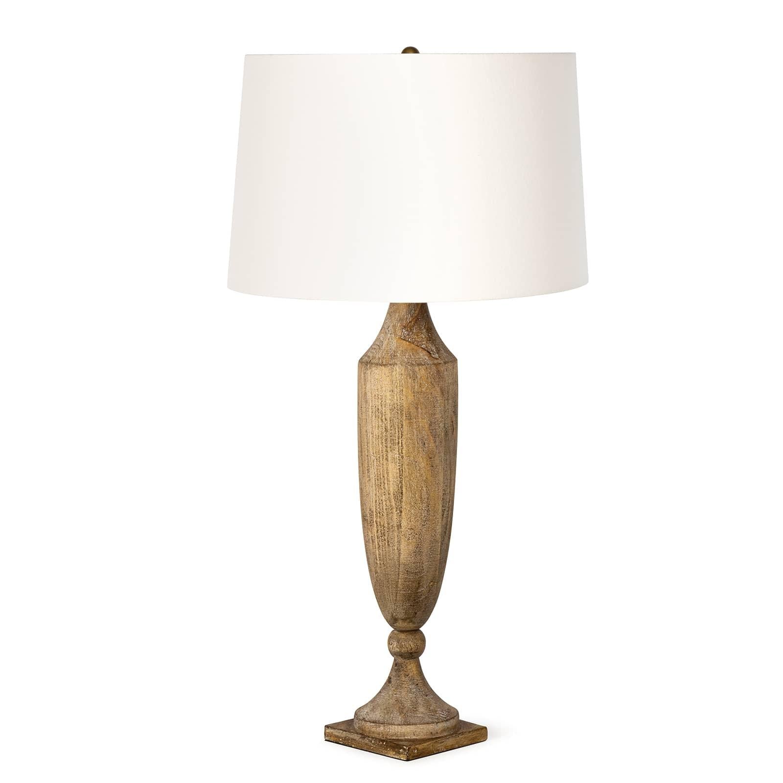 Georgina Wood Table Lamp featuring distressed wood base, natural linen shade, and brass finishings, perfect for rustic decor.