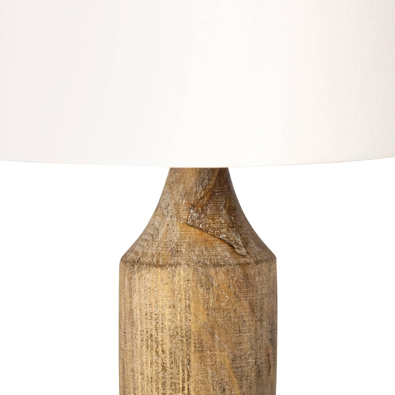 Georgina Wood Table Lamp featuring distressed wood base, natural linen shade, and brass finishings, perfect for rustic decor.