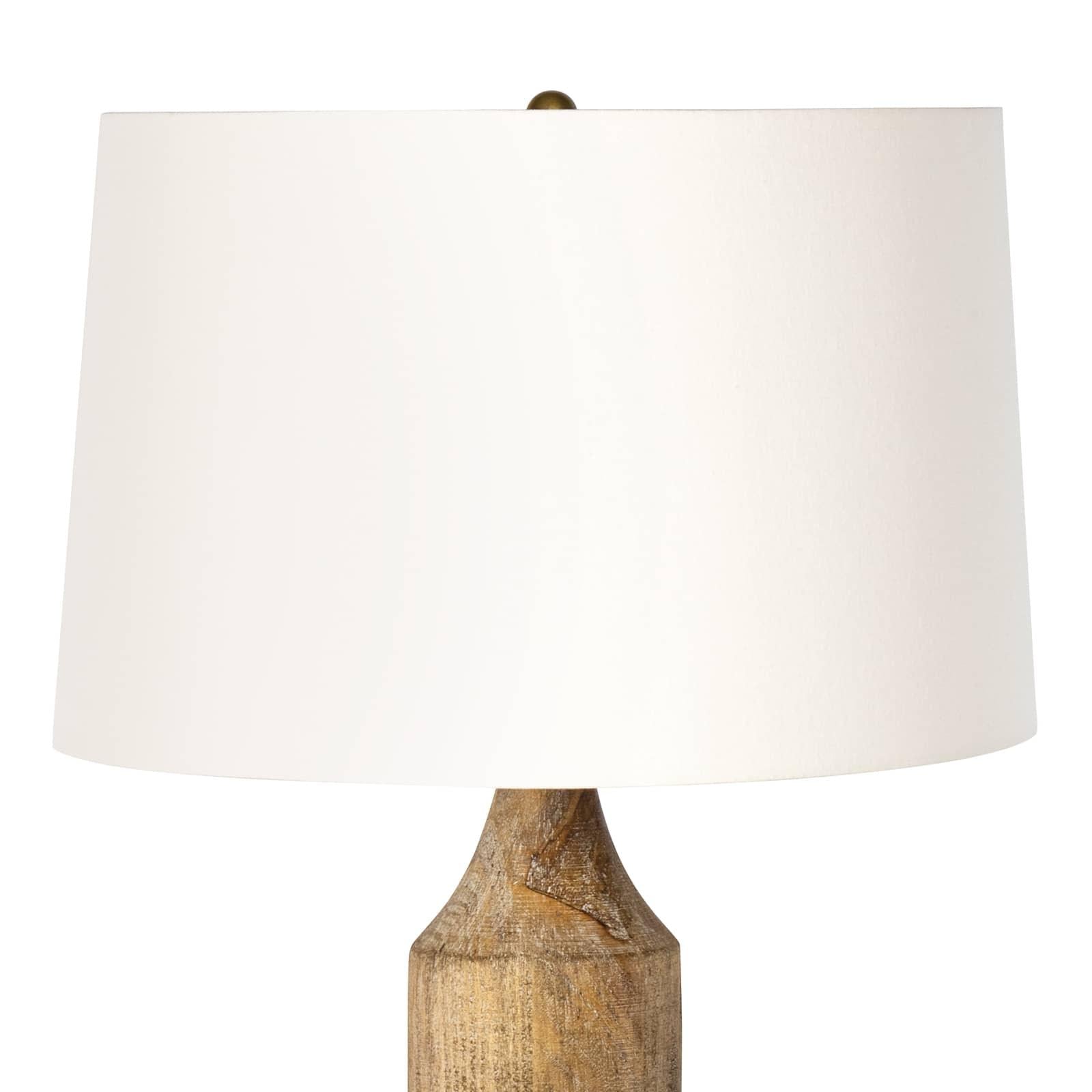 Georgina Wood Table Lamp featuring distressed wood base, natural linen shade, and brass finishings, perfect for rustic decor.