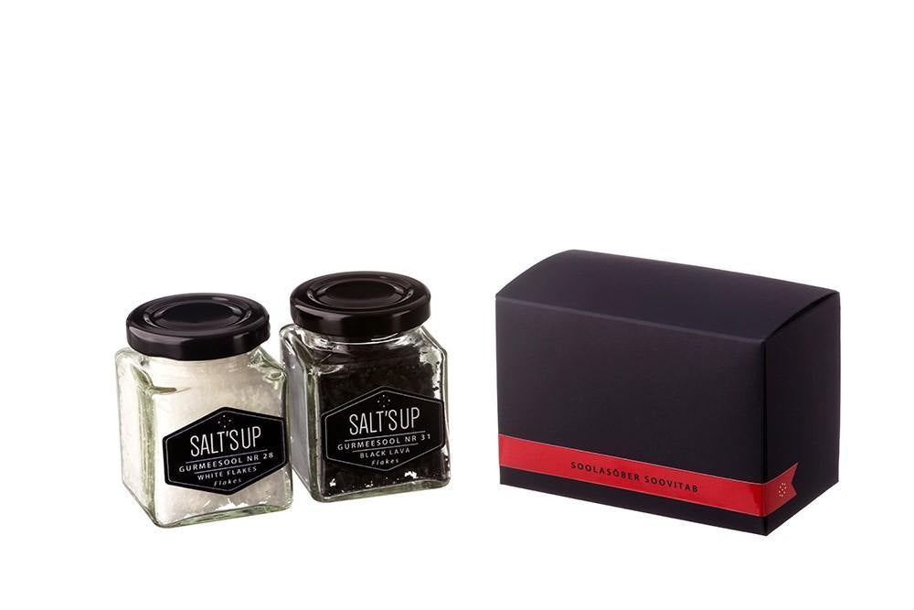 Gift box containing two jars of gourmet salt flakes: Cyprus White and Black Lava, beautifully packaged for culinary enthusiasts.