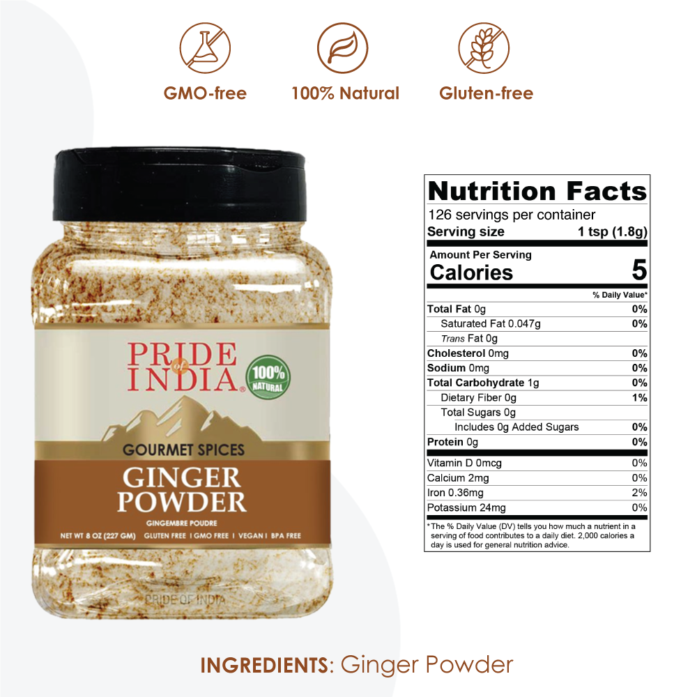 An 8 oz jar of Pride Of India Gourmet Ginger Fine Ground, showcasing its vibrant yellow color and dual sifter lid for easy dispensing.