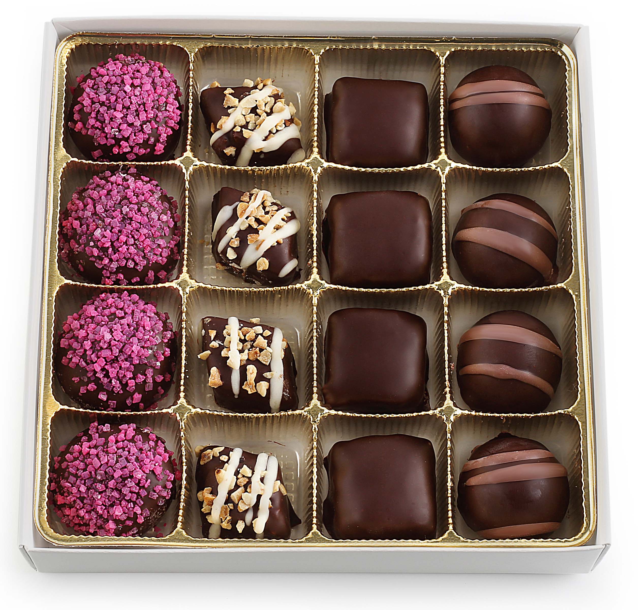 Gourmet Chocolate Gift Box featuring 31 assorted dairy-free chocolates with elegant packaging.