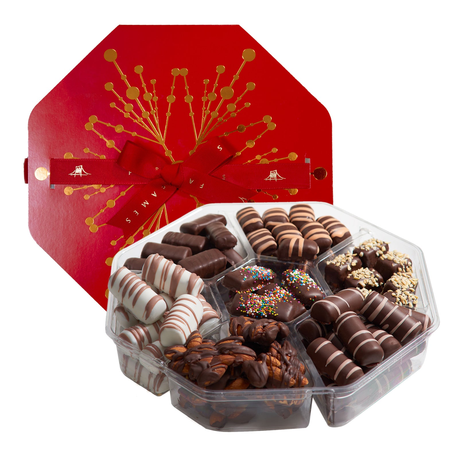 A beautifully arranged Gourmet Chocolate Gift featuring handcrafted deluxe chocolates in an elegant box, showcasing various flavors and textures.