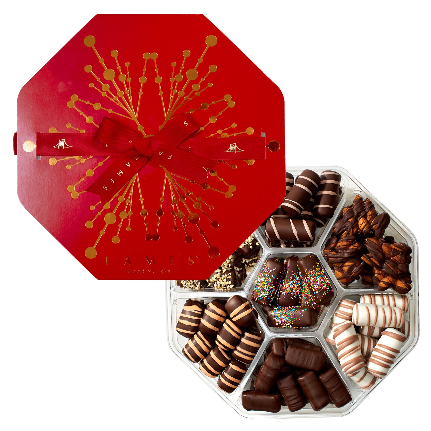 A beautifully arranged Gourmet Chocolate Gift featuring handcrafted deluxe chocolates in an elegant box, showcasing various flavors and textures.
