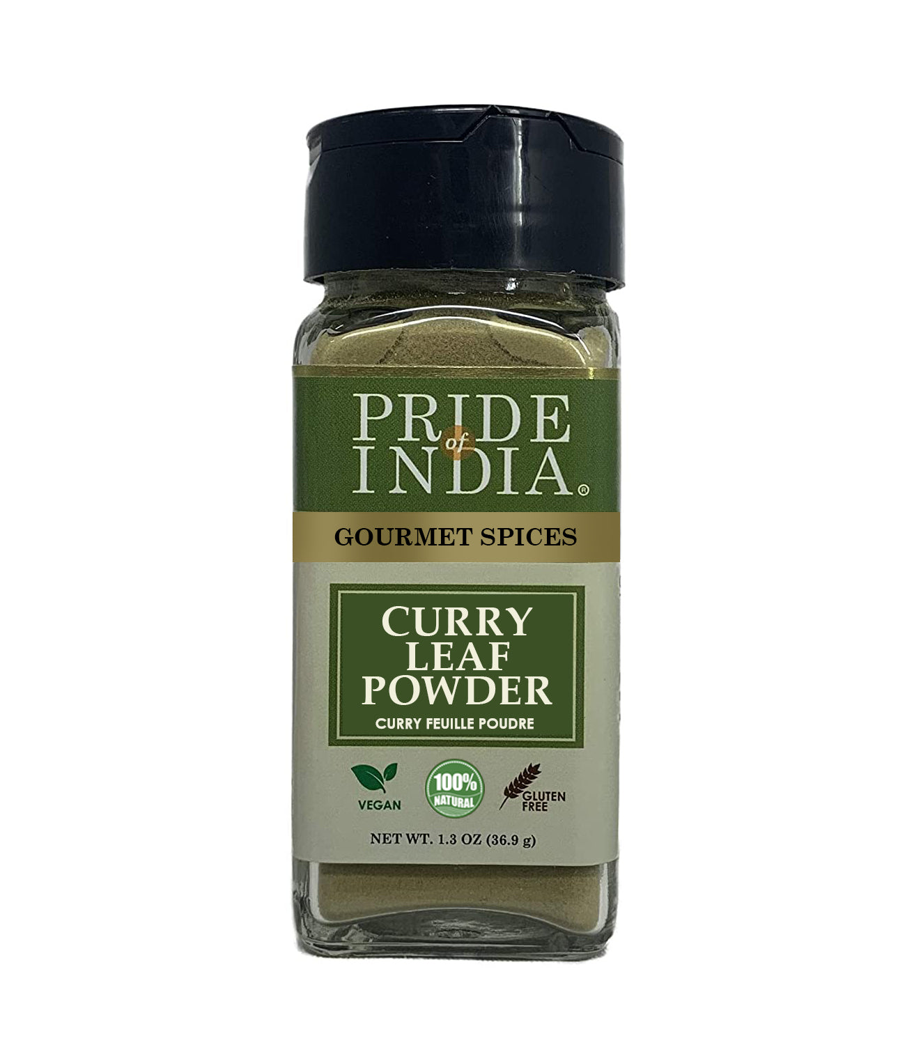 A jar of Pride of India Gourmet Curry Leaf Powder showcasing its rich green color and fine texture, perfect for enhancing dishes.