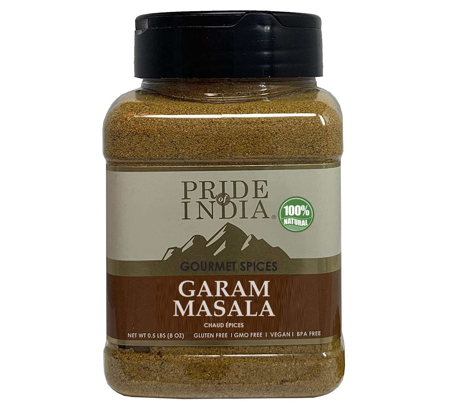 A jar of Pride of India Gourmet Garam Masala Ground, showcasing its rich brown color and spice blend.