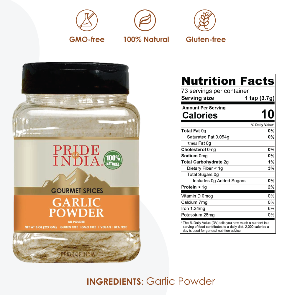 A jar of Gourmet Garlic Fine Ground showcasing its fine texture and rich aroma, perfect for enhancing various dishes.