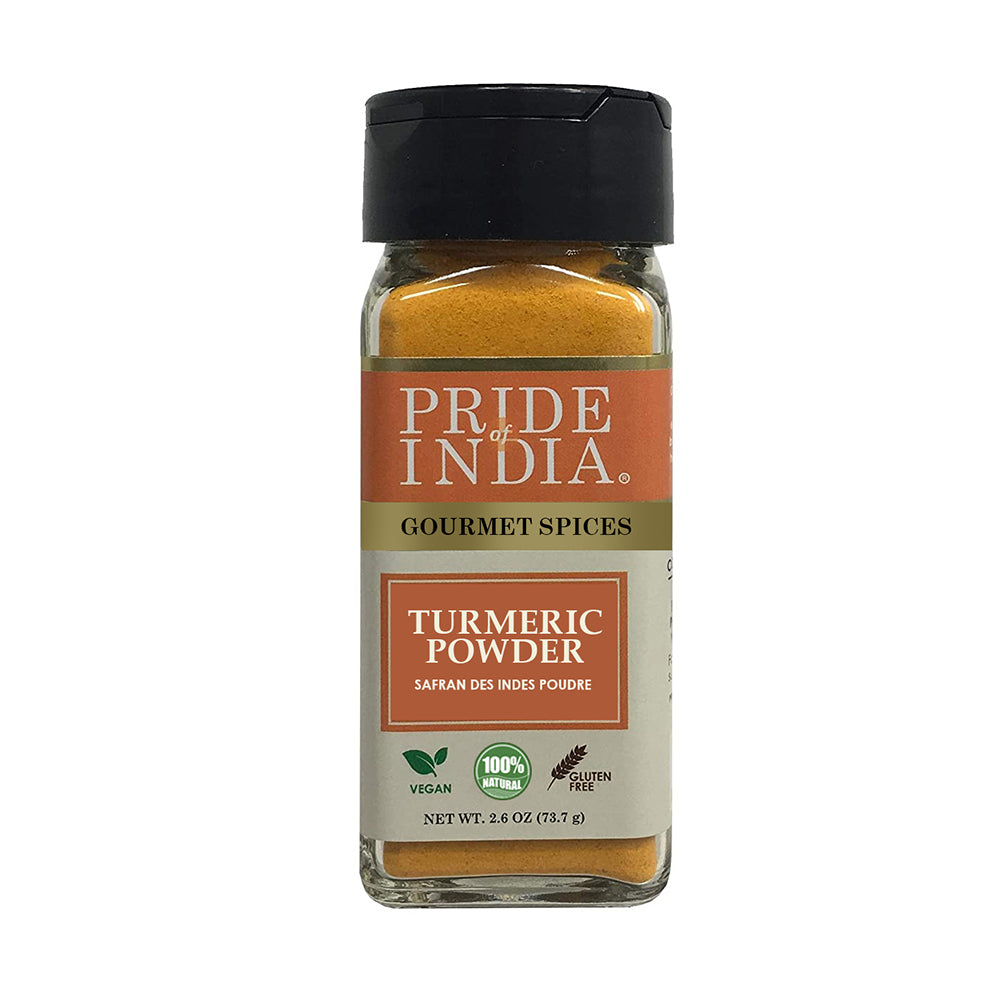 A jar of Pride of India Gourmet Turmeric Ground showcasing its vibrant yellow color, symbolizing purity and high curcumin content.