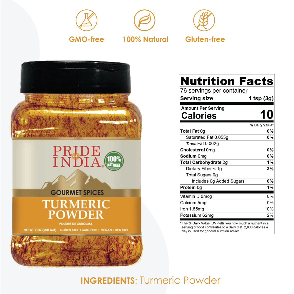 A jar of Pride of India Gourmet Turmeric Ground showcasing its vibrant yellow color, symbolizing purity and high curcumin content.