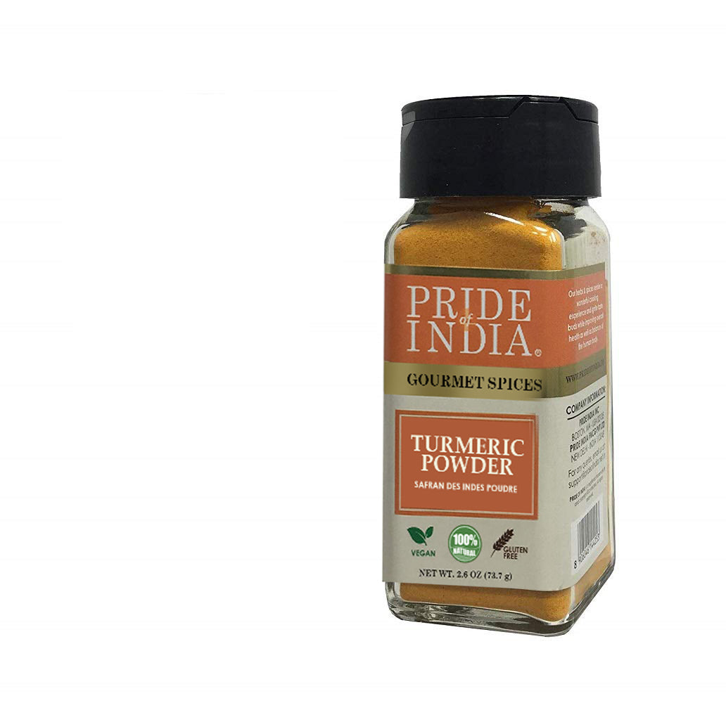 A jar of Pride of India Gourmet Turmeric Ground showcasing its vibrant yellow color, symbolizing purity and high curcumin content.