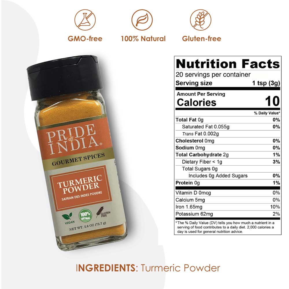 A jar of Pride of India Gourmet Turmeric Ground showcasing its vibrant yellow color, symbolizing purity and high curcumin content.